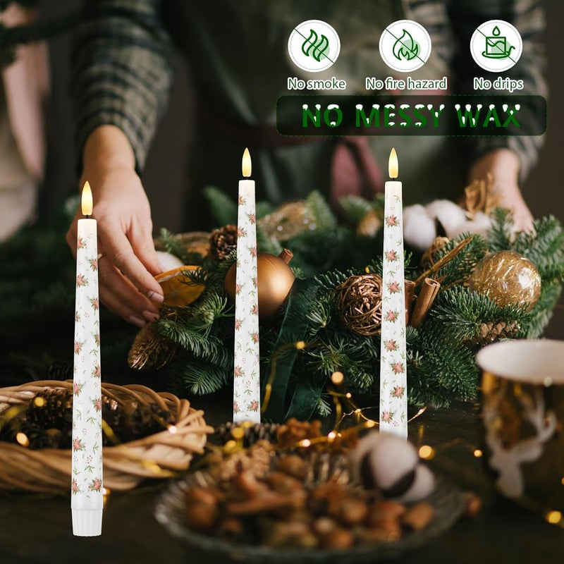 AFINETH Christmas Flameless Taper Candles with Flowers, 9.6"" Real Wax LED Candles with Remote, 3 Pcs Flickering Battery Operated Candles, Xmas Candlesticks for Home, Party Decor, White, MBGL23 - Image 4